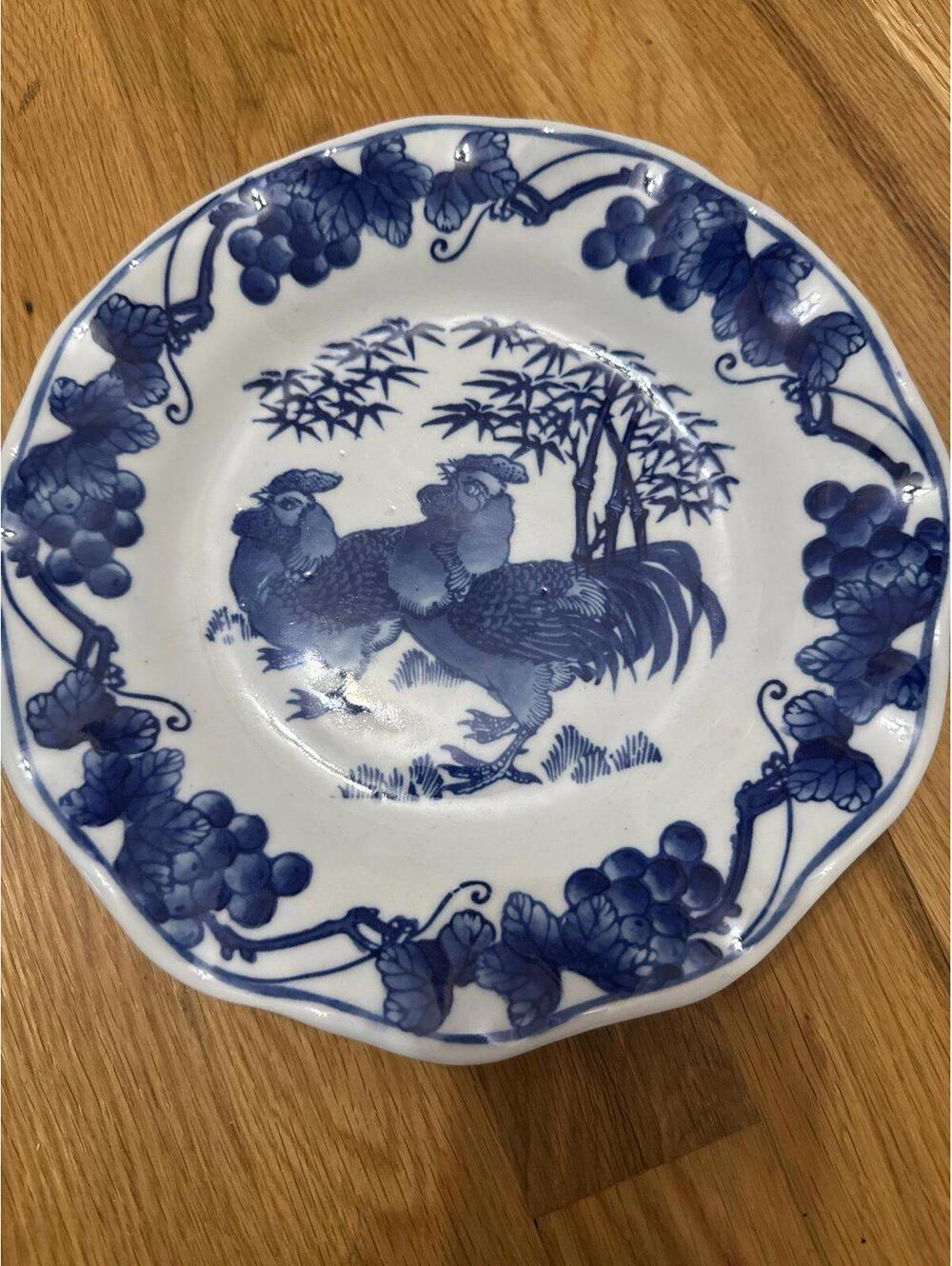Vintage Dechang Taoci Dark Blue And White Rooster Plate